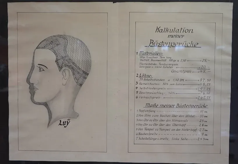 Historisches Dokument: handgeschriebene Kalkulation einer Büstenperücke von Luy